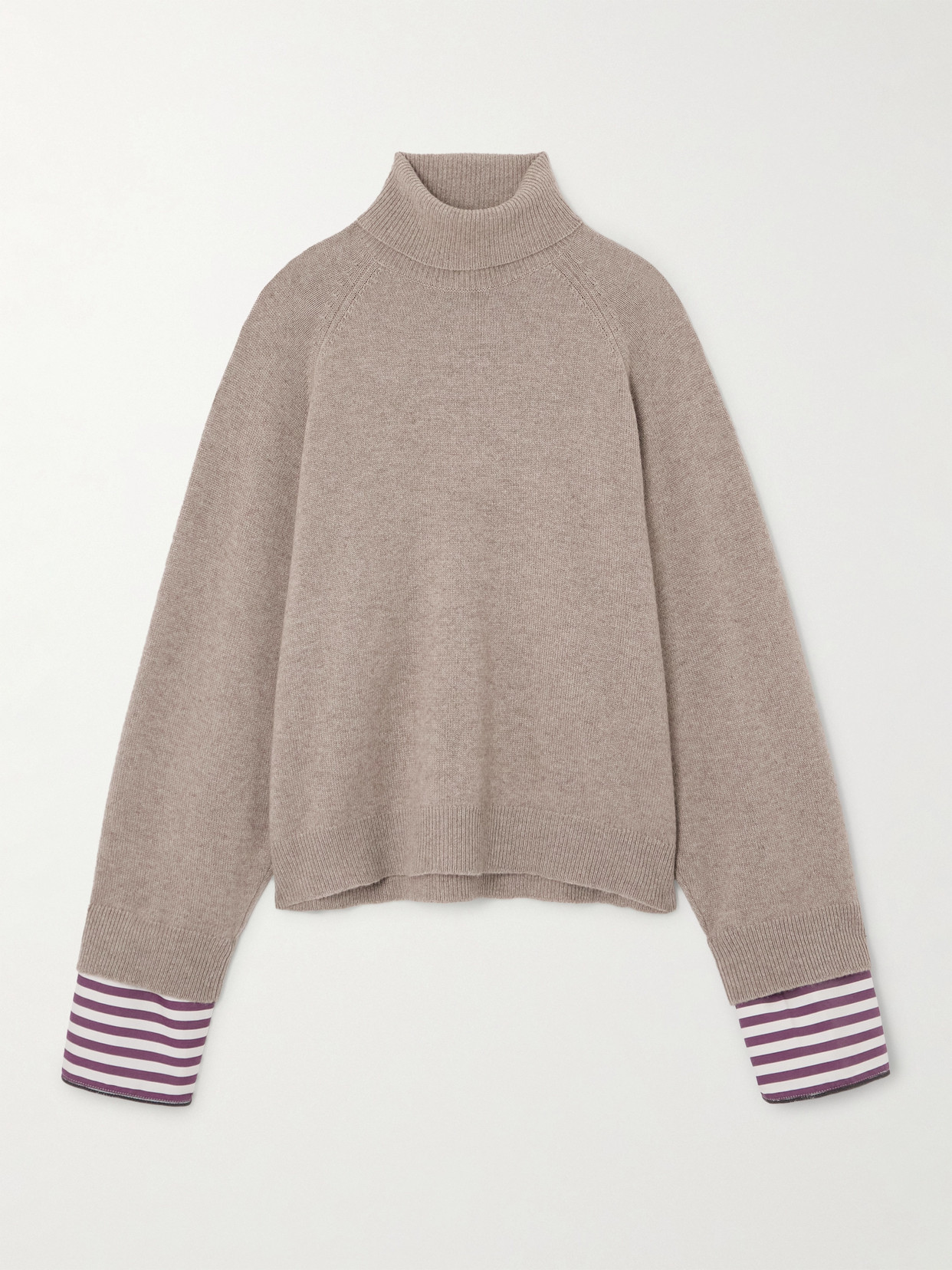 Brunello Cucinelli Striped Poplin-trimmed Cashmere Turtleneck Sweater In Brown