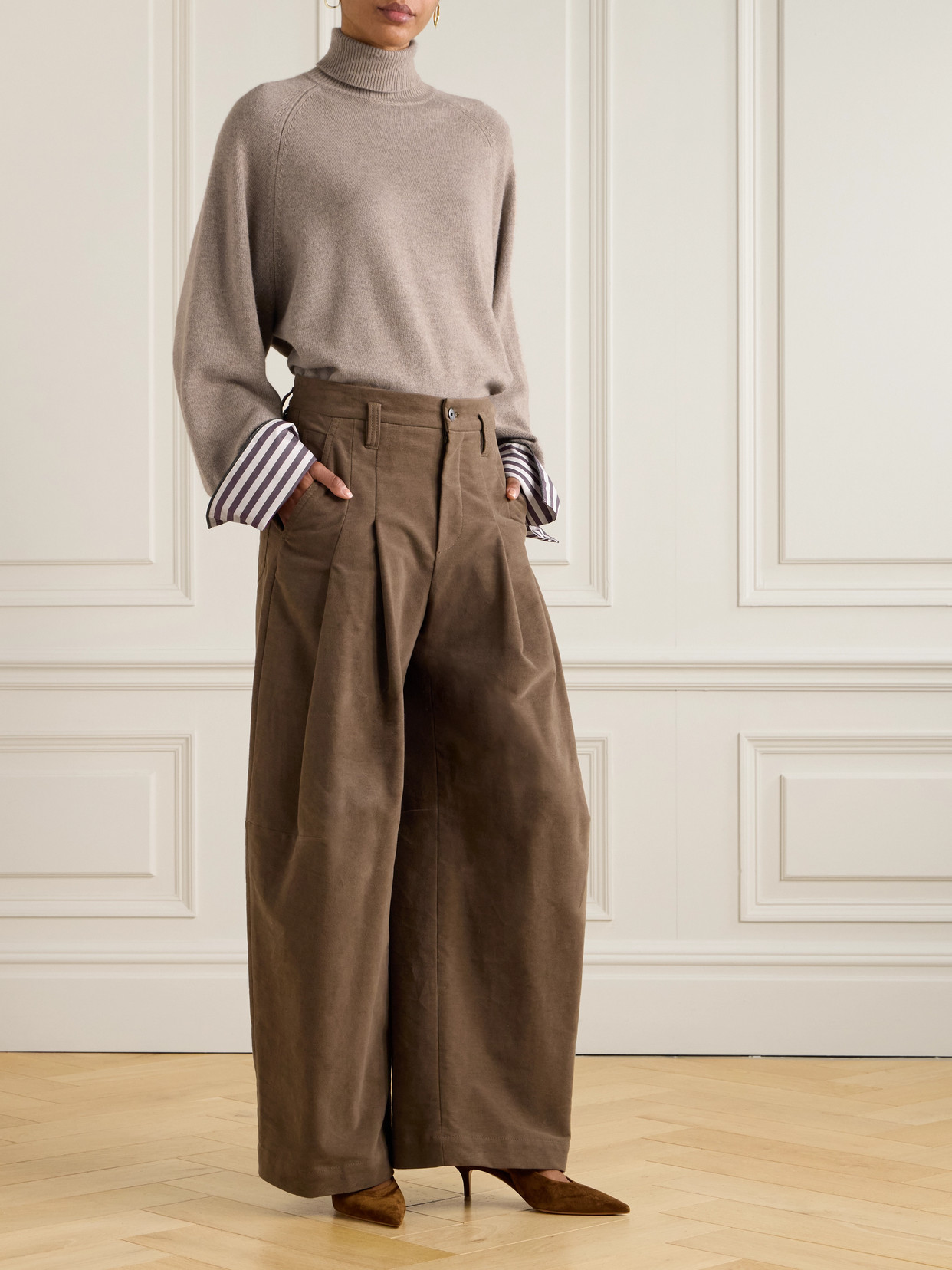 Brunello Cucinelli Striped Poplin-trimmed Cashmere Turtleneck Sweater In Brown
