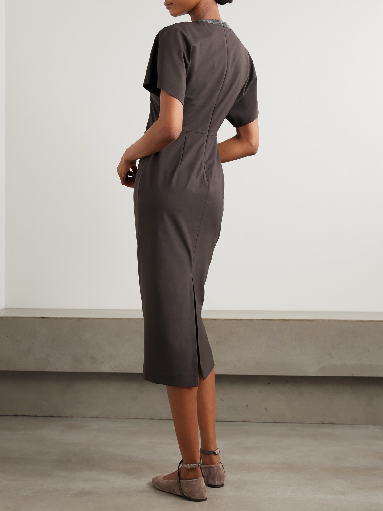 Brunello Cucinelli Embellished Draped Virgin Wool-blend Midi Dress