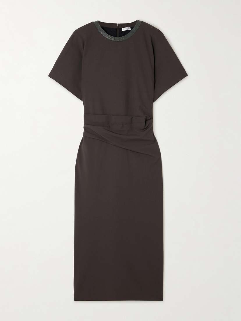 Brunello Cucinelli Embellished Draped Virgin Wool-blend Midi Dress