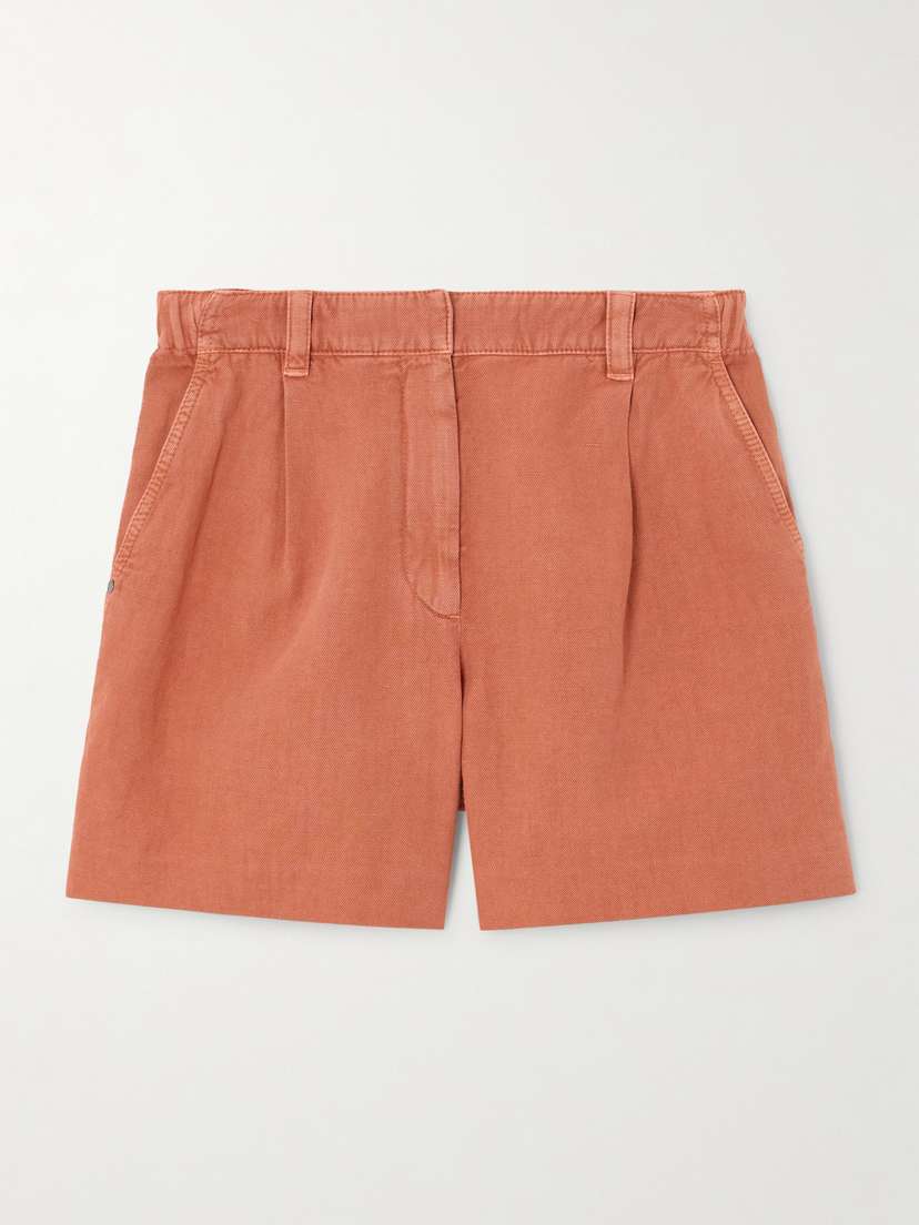 Brunello Cucinelli Bead-embellished Pleated Cotton And Linen-blend Twill Shorts