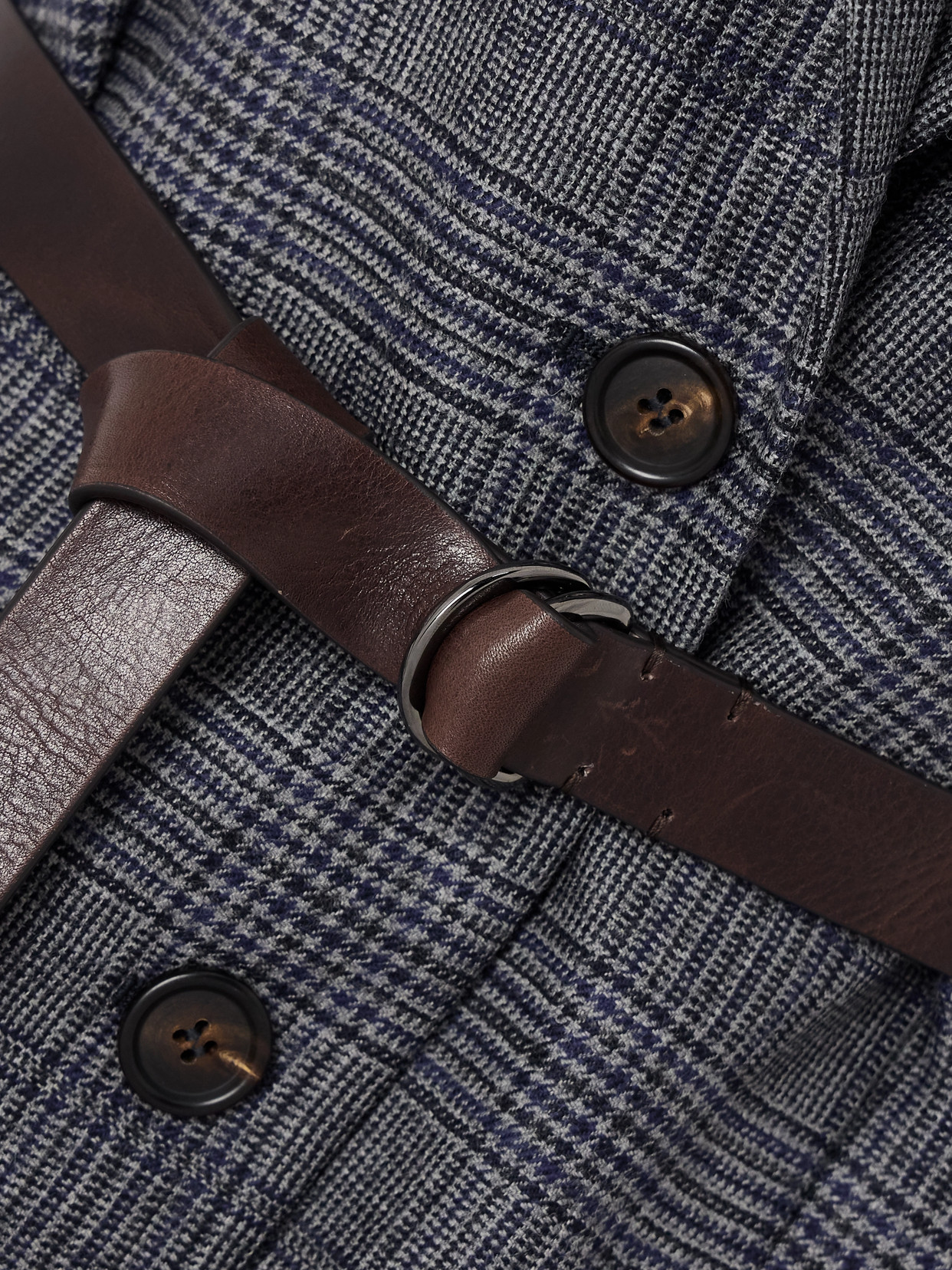Brunello Cucinelli Bead-embellished Leather-trimmed Belted Prince Of Wales Checked Wool Vest