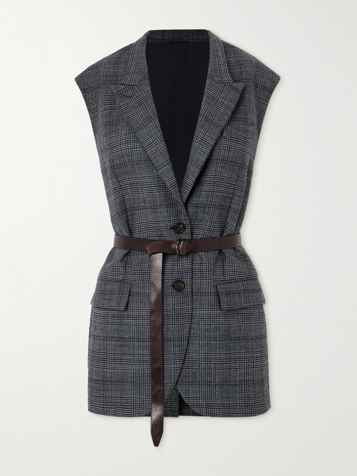 Brunello Cucinelli Bead-embellished Leather-trimmed Belted Prince Of Wales Checked Wool Vest