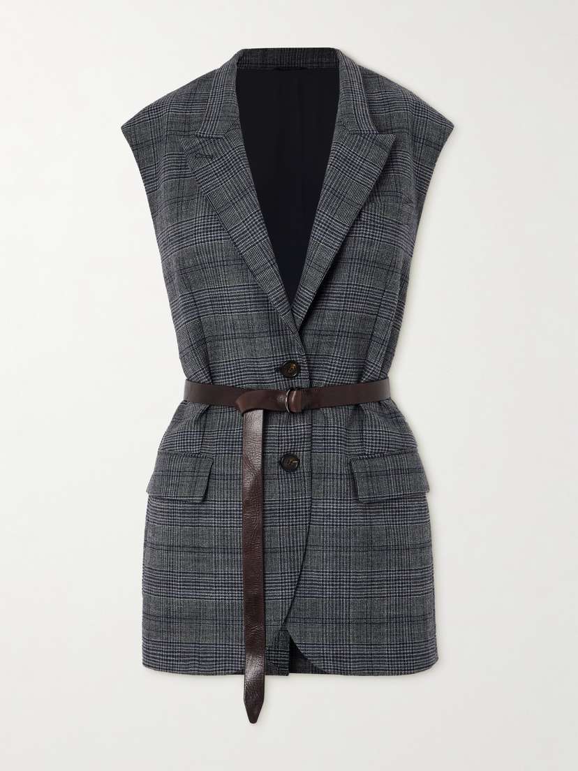 Brunello Cucinelli Bead-embellished Leather-trimmed Belted Prince Of Wales Checked Wool Vest