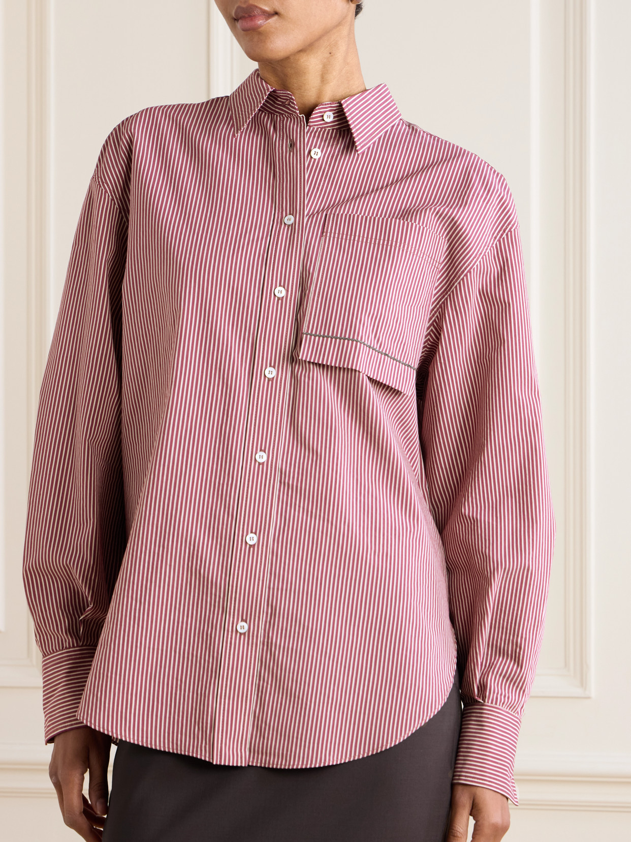 Bead-Embellished Striped Cotton-Blend Poplin Shirt