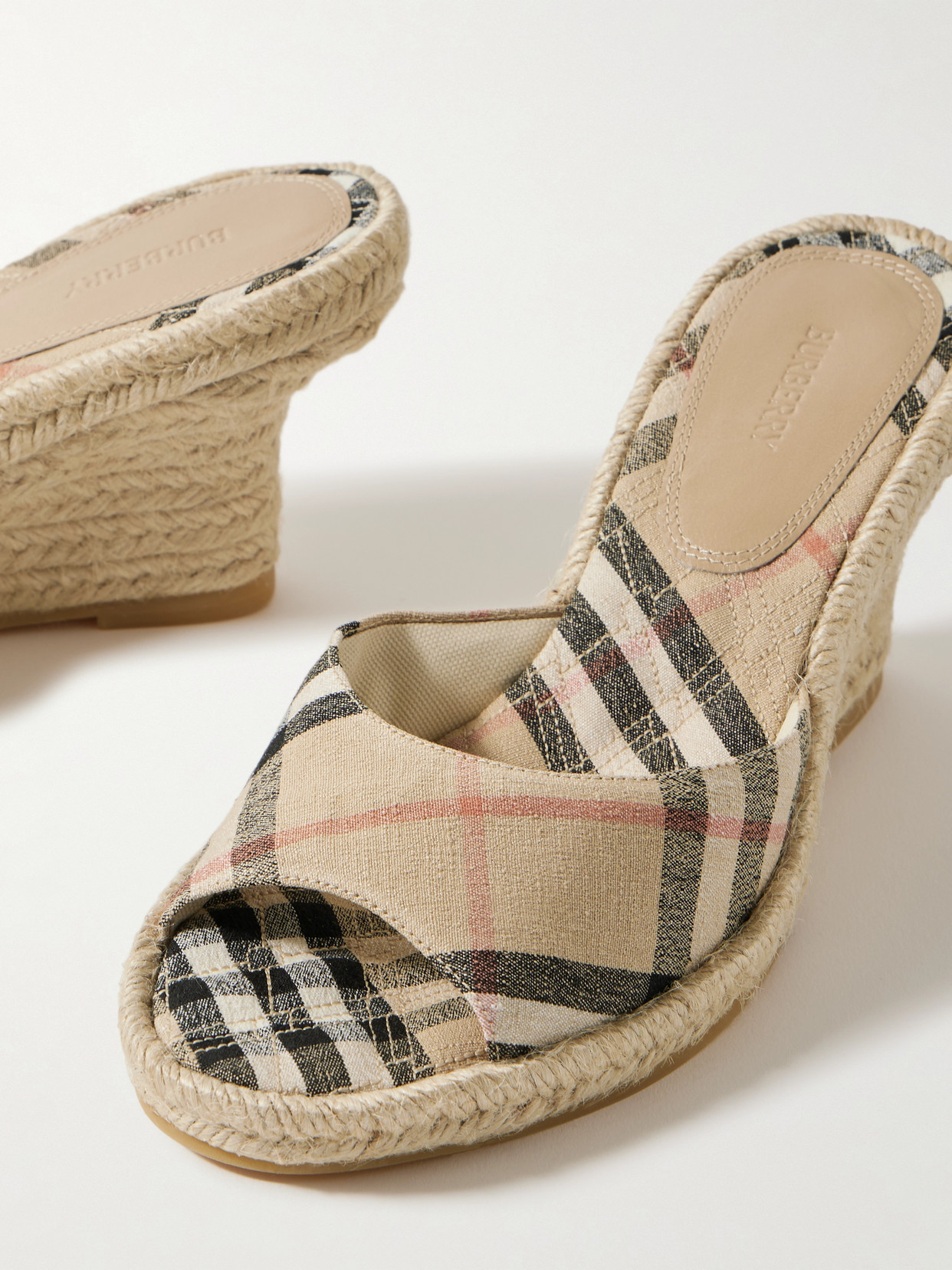 Burberry Checked Canvas-jacquard Espadrille Wedge Mules In Neutrals