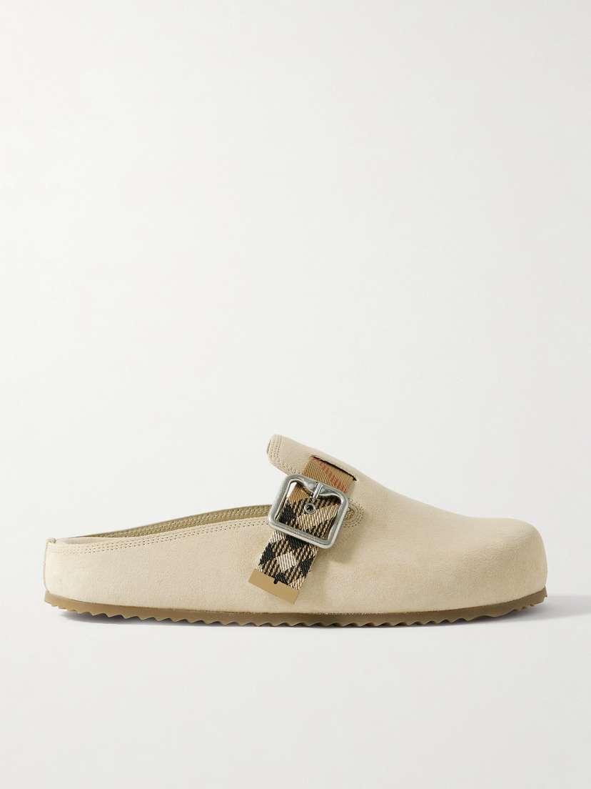 Burberry Checked Jacquard-trimmed Buckled Suede Clogs