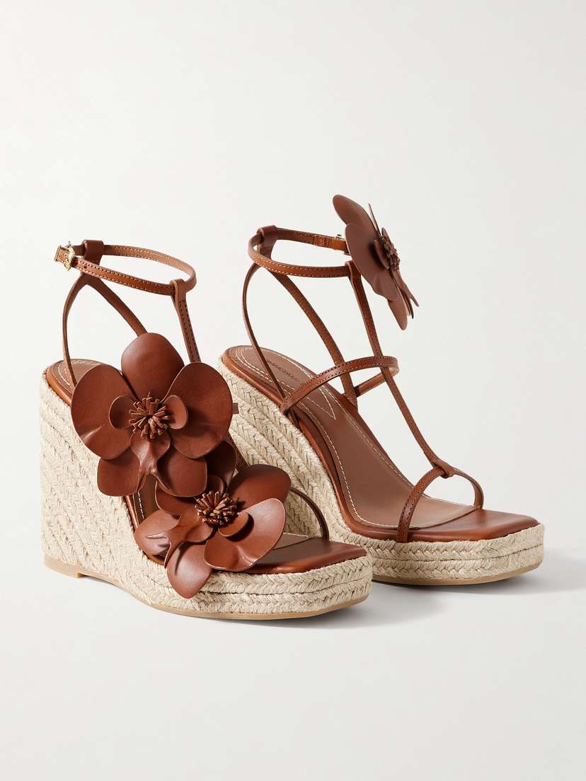 Zimmermann Orchid Embellished Leather Espadrille Wedge Sandals