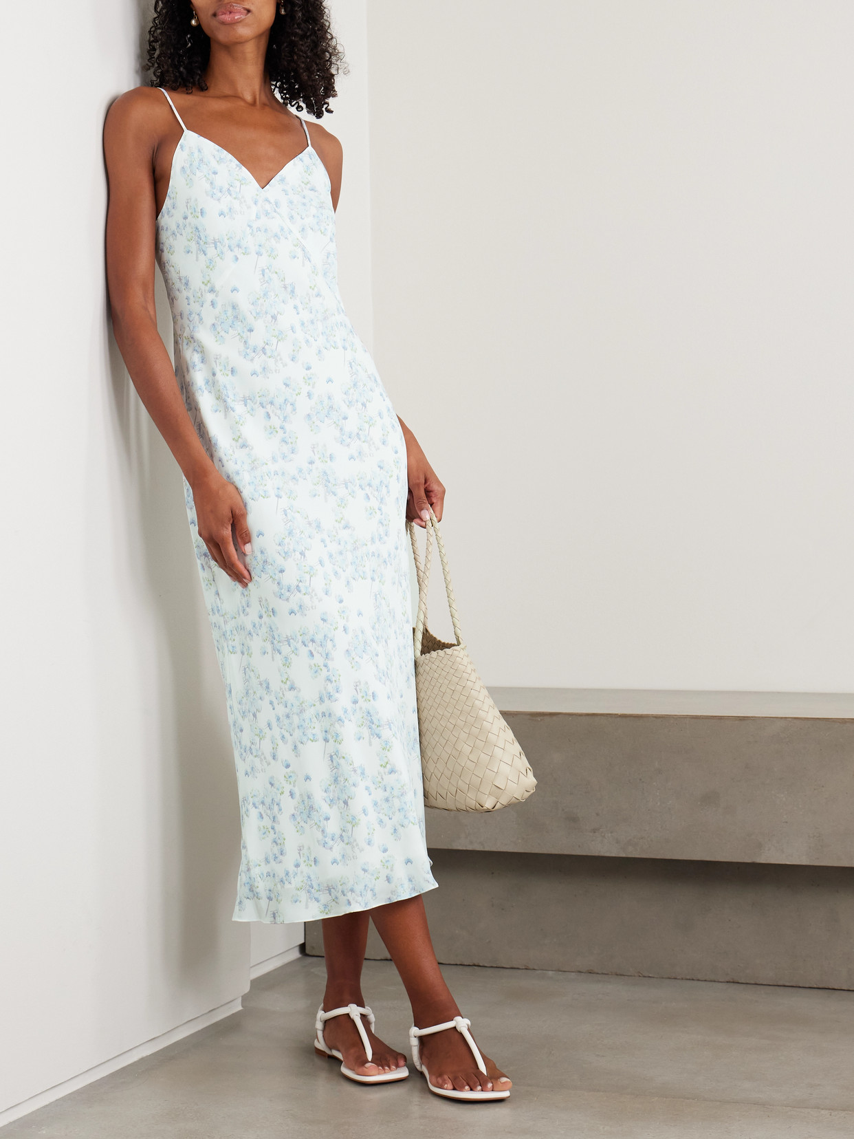 Theory Slip Dress In Floral Satin Georgette In Blue