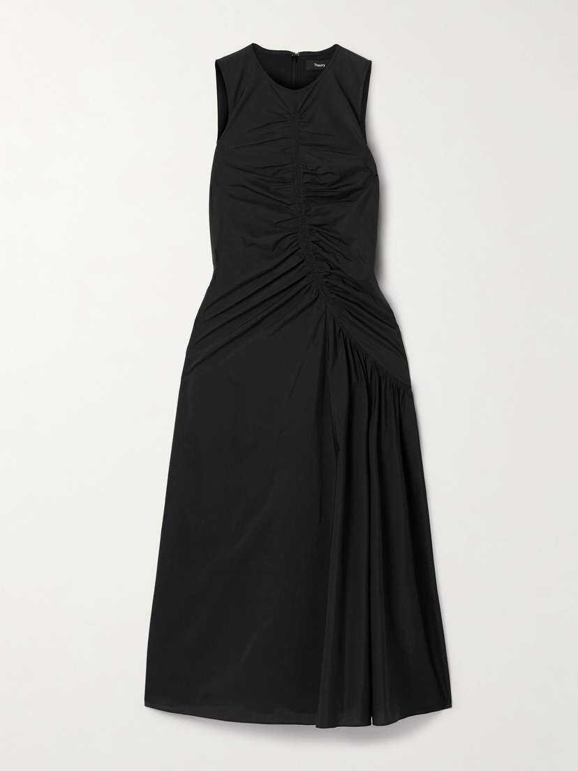 Theory Ruched Cotton-blend Sateen Midi Dress