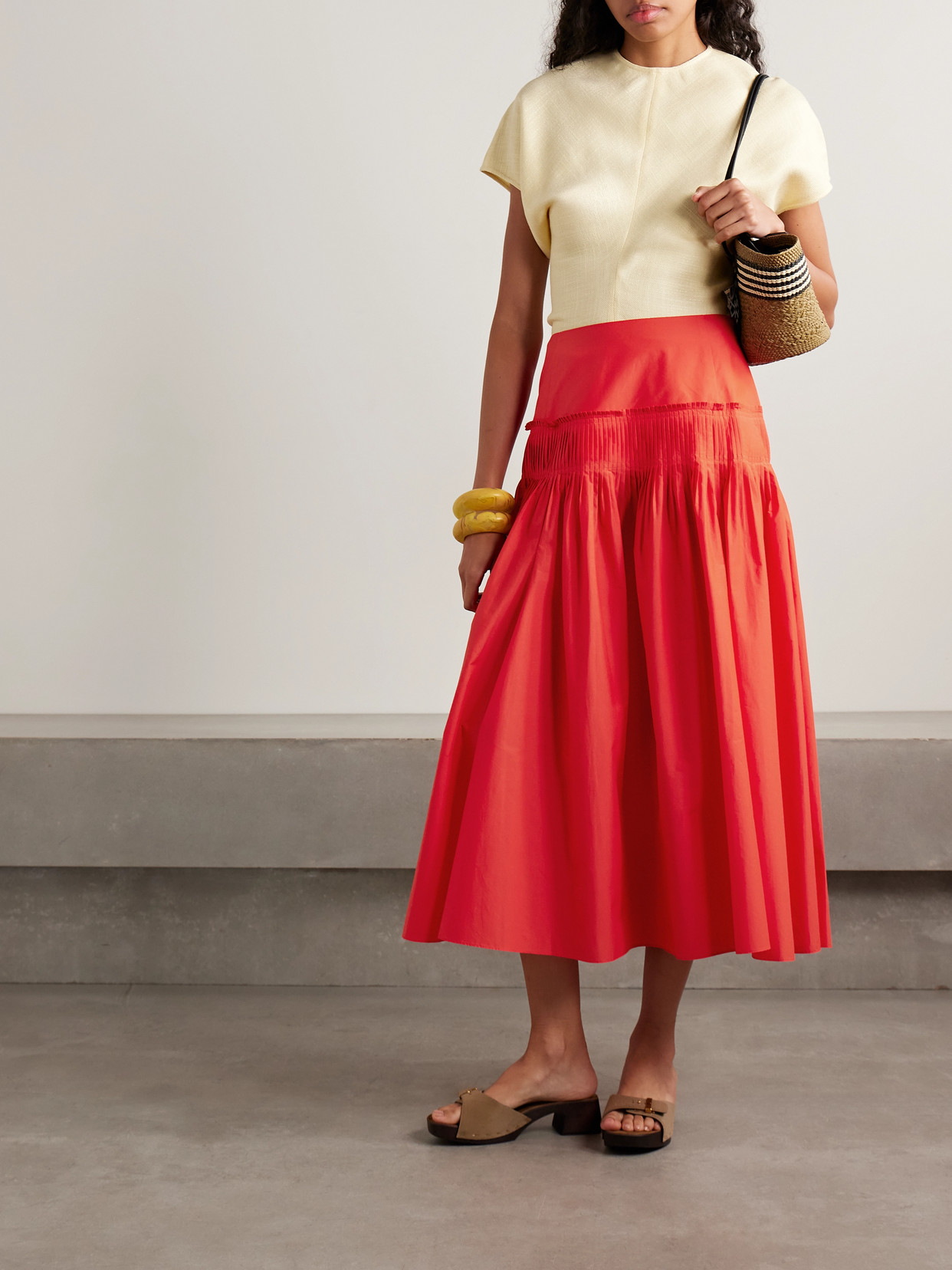 Theory Pintucked Pleated Cotton-blend Poplin Midi Skirt In Purple