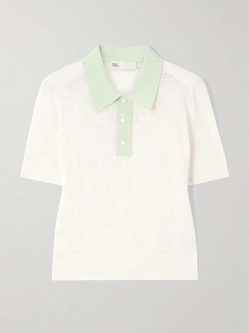 Tory Sport Two-tone Pointelle-knit Cotton-blend Polo Shirt