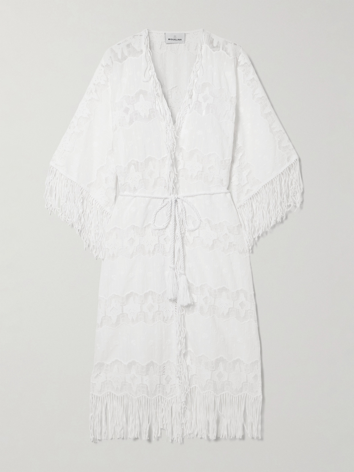 Miguelina Naida Belted Fringed Embroidered Cotton-voile And Lace Coverup In White