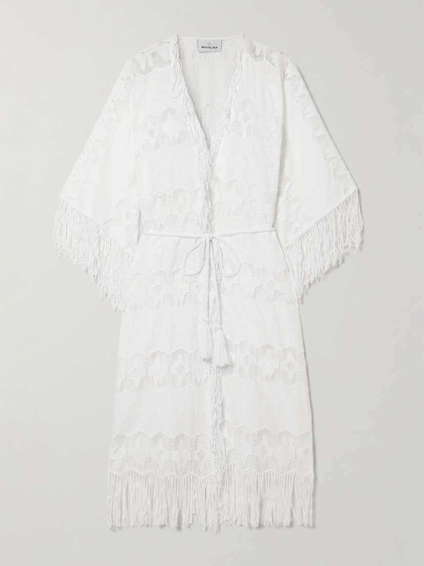 Miguelina Naida Belted Fringed Embroidered Cotton-voile And Lace Coverup