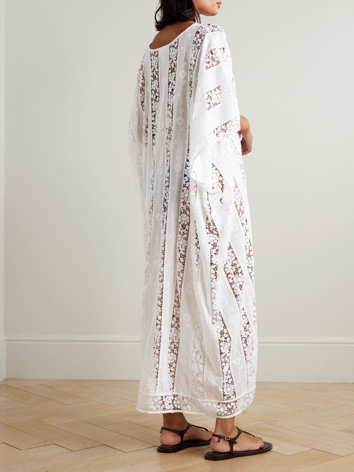 Miguelina Blair Embroidered Voile And Lace Kaftan In White