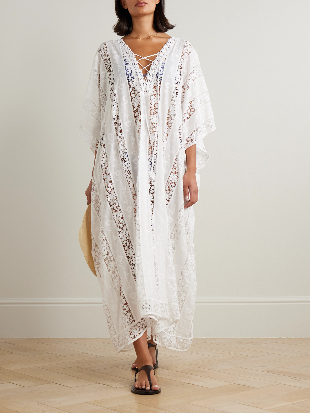 Miguelina Blair Embroidered Voile And Lace Kaftan In White