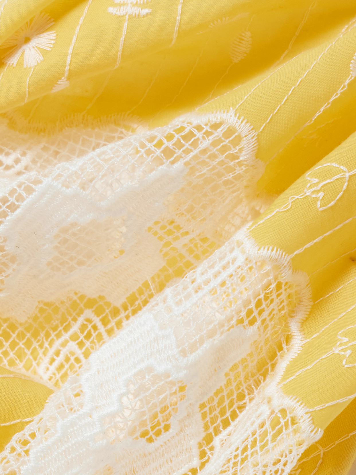 Miguelina Julia Fringed Embroidered Cotton-voile And Lace Pareo In Yellow