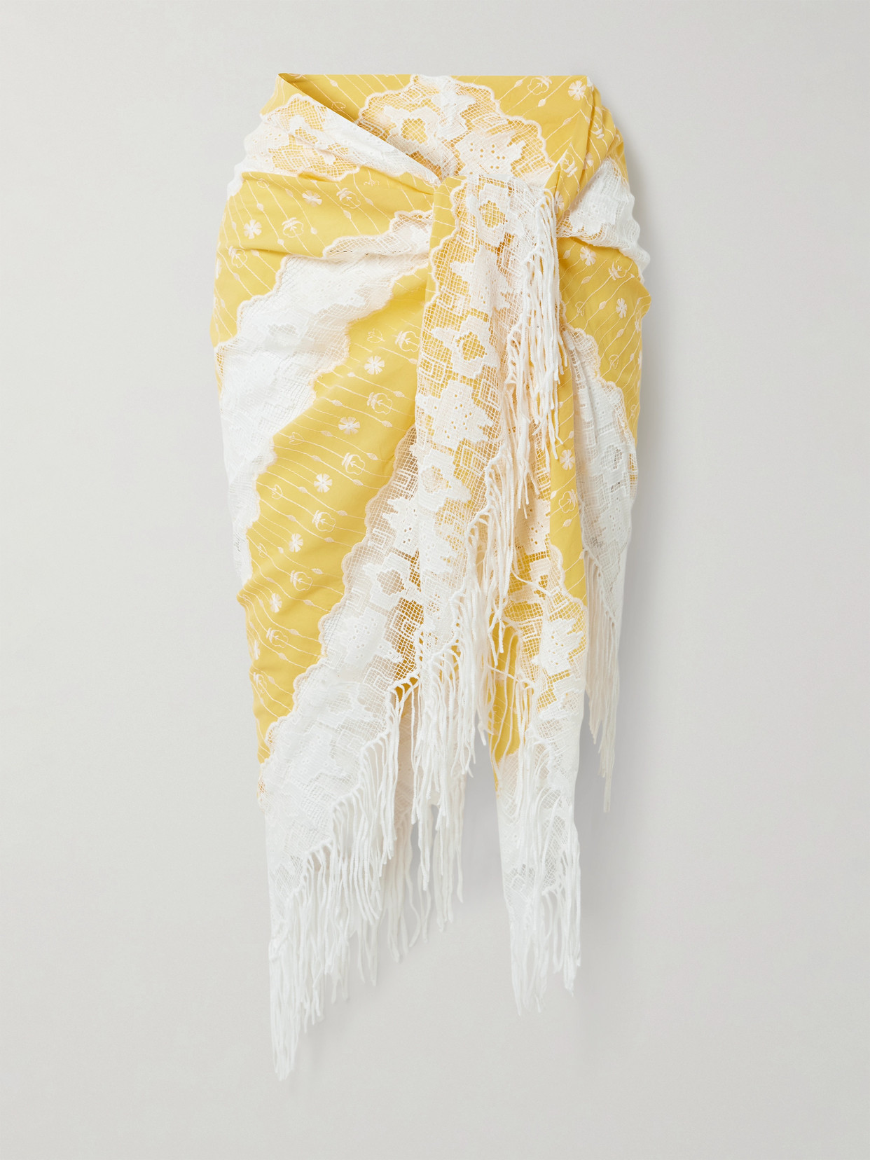 Miguelina Julia Fringed Embroidered Cotton-voile And Lace Pareo In Yellow