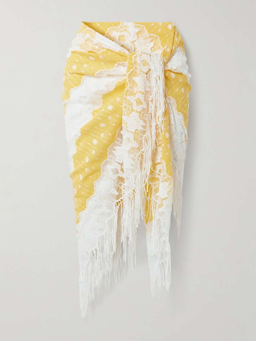 Miguelina Julia Fringed Embroidered Cotton-voile And Lace Pareo