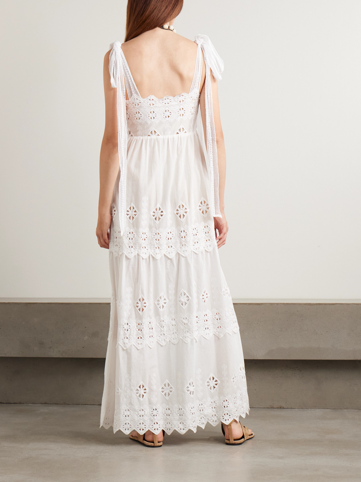 Miguelina Juniper Tiered Scalloped Embroidered Voile Maxi Dress In White