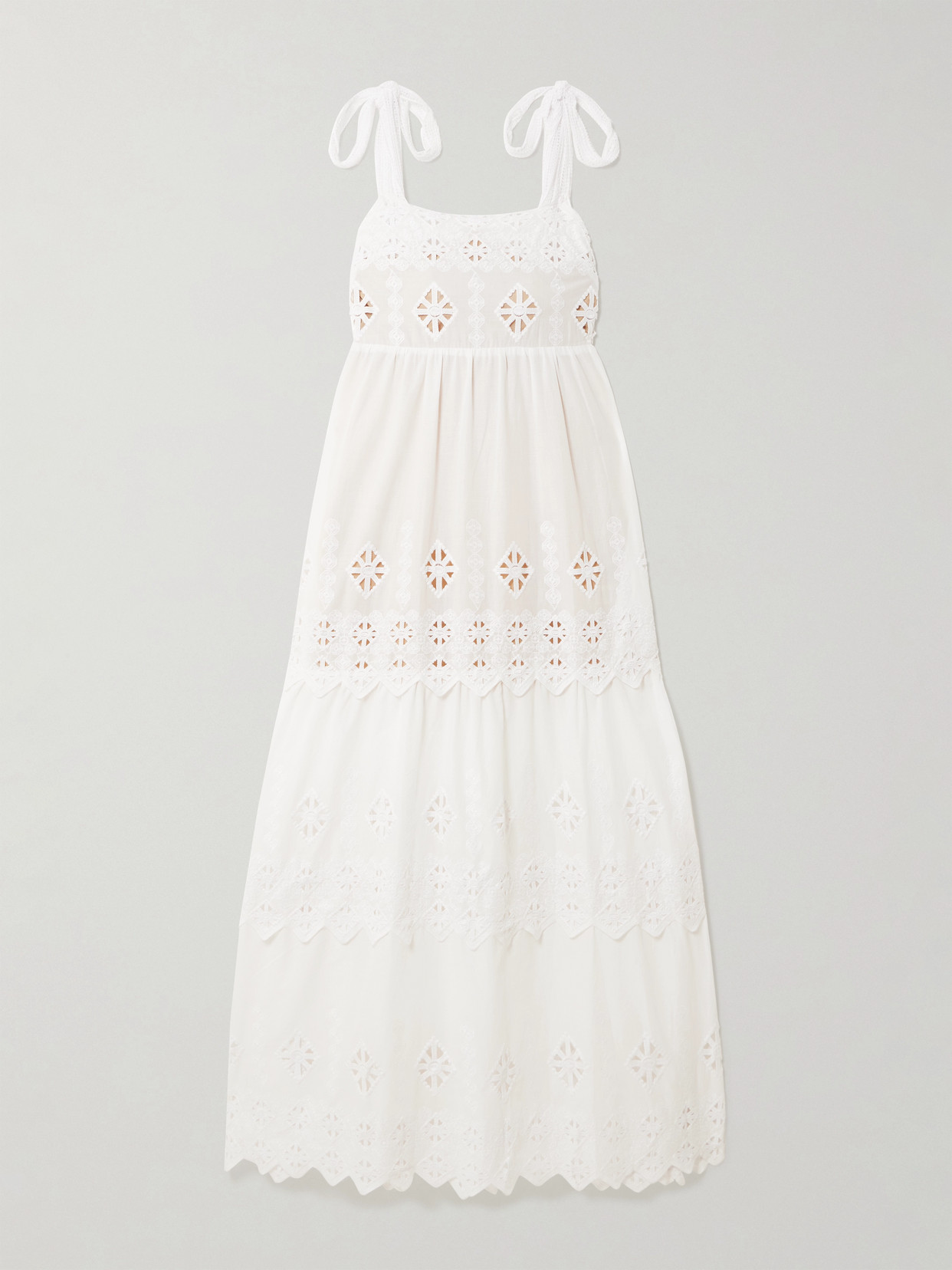 Miguelina Juniper Tiered Scalloped Embroidered Voile Maxi Dress In White