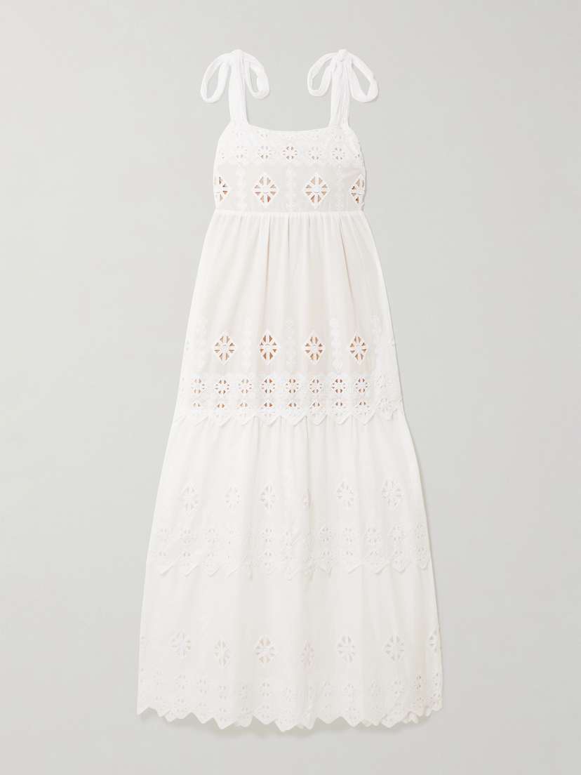 Miguelina Juniper Tiered Scalloped Embroidered Voile Maxi Dress