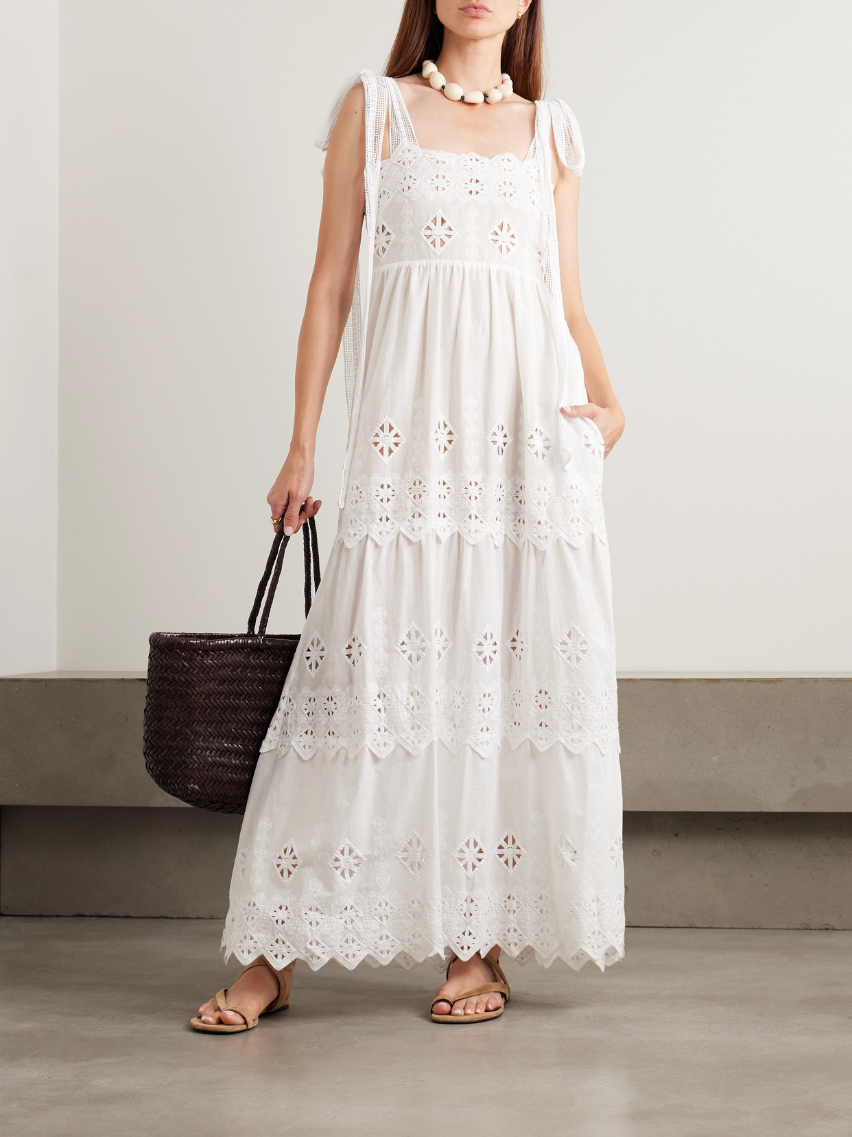 Miguelina Juniper Tiered Scalloped Embroidered Voile Maxi Dress In White
