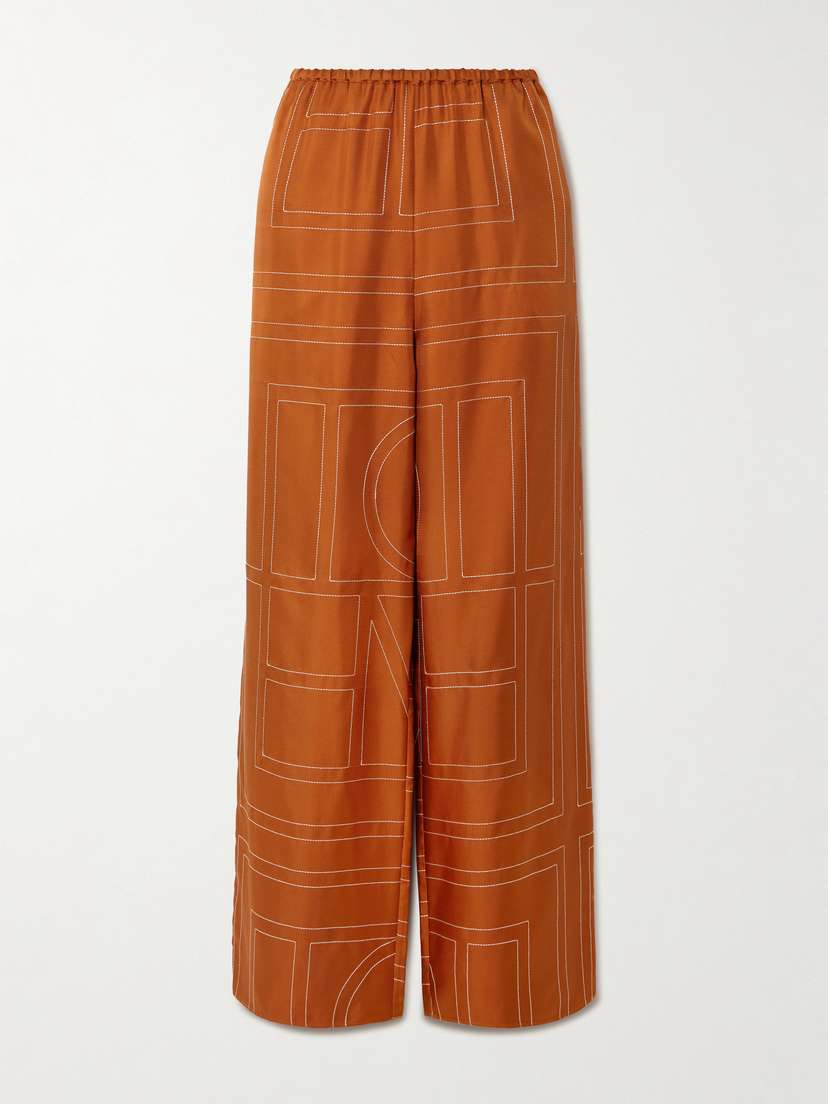 TOTEME Embroidered Silk-twill Wide-leg Pants