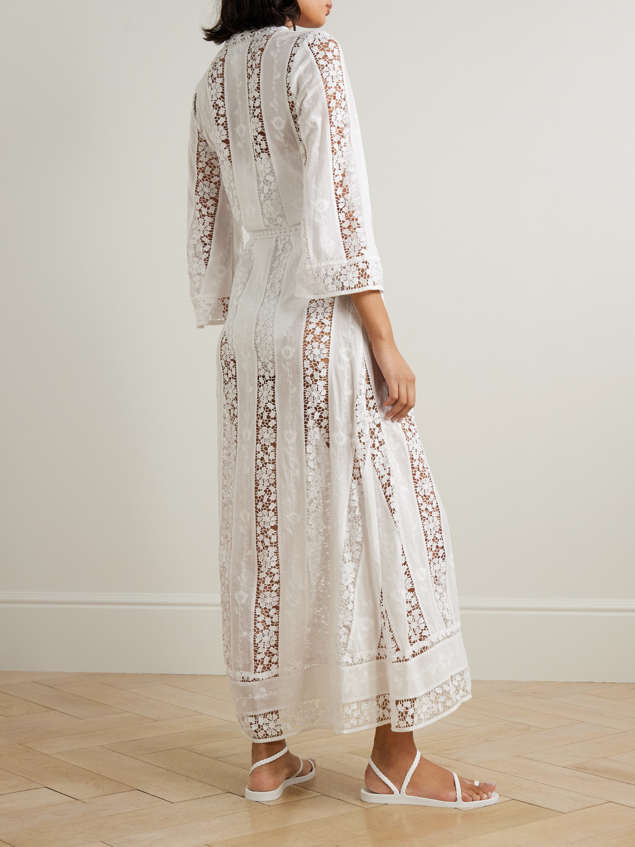 Miguelina Lucinda Belted Embroidered Voile And Lace Coverup In White