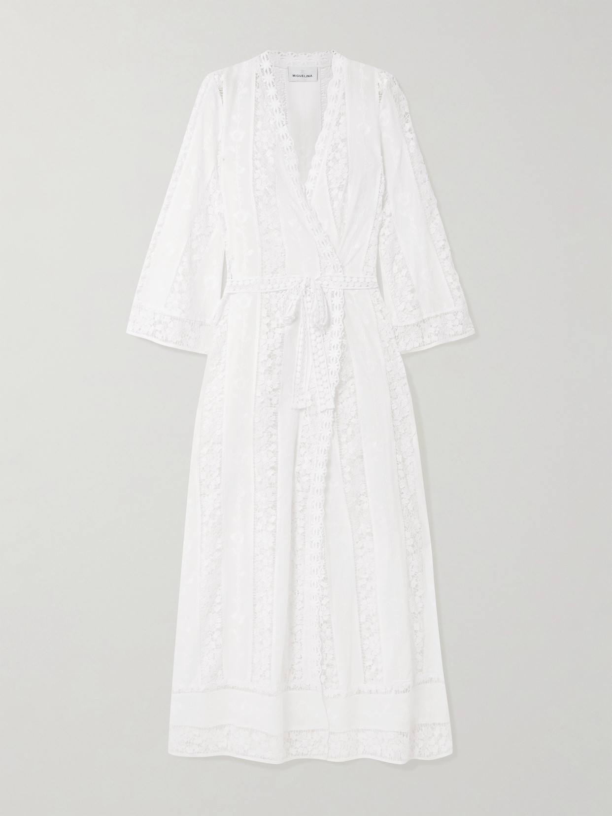 Miguelina Lucinda Belted Embroidered Voile And Lace Coverup In White