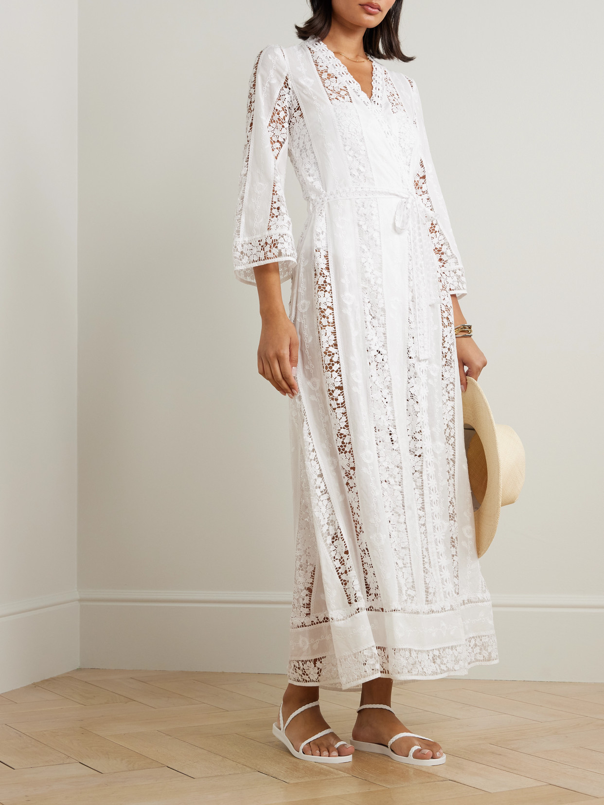 Miguelina Lucinda Belted Embroidered Voile And Lace Coverup In White