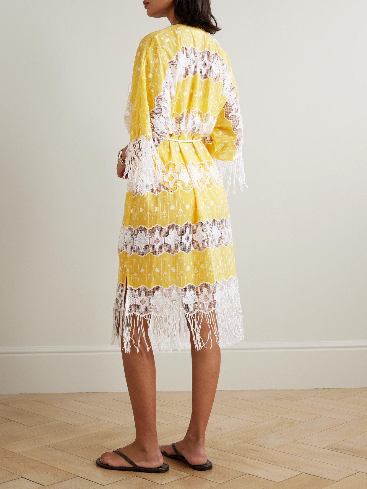 Miguelina Naida Belted Fringed Embroidered Cotton-voile And Lace Coverup In Yellow