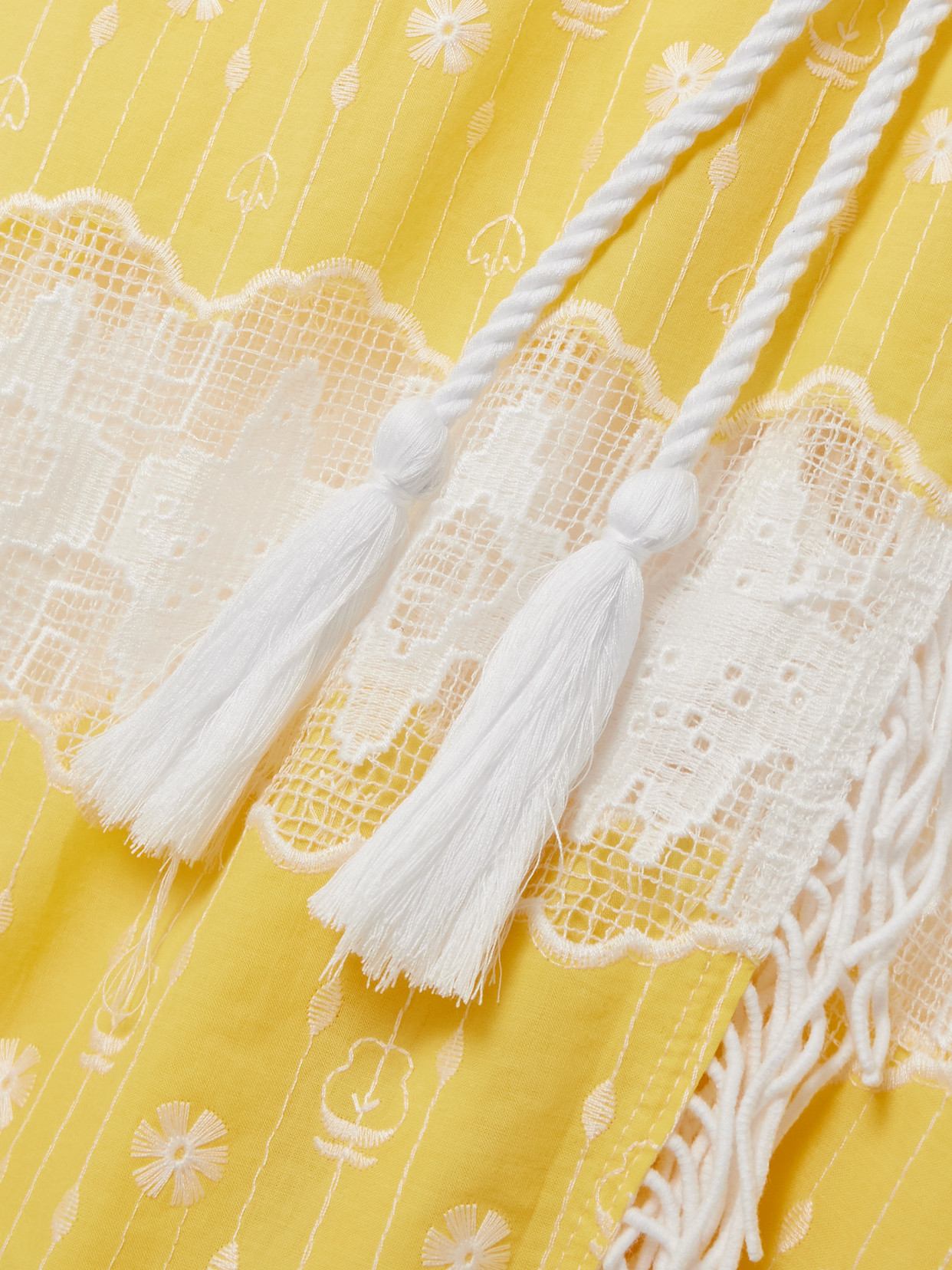 Miguelina Naida Belted Fringed Embroidered Cotton-voile And Lace Coverup In Yellow