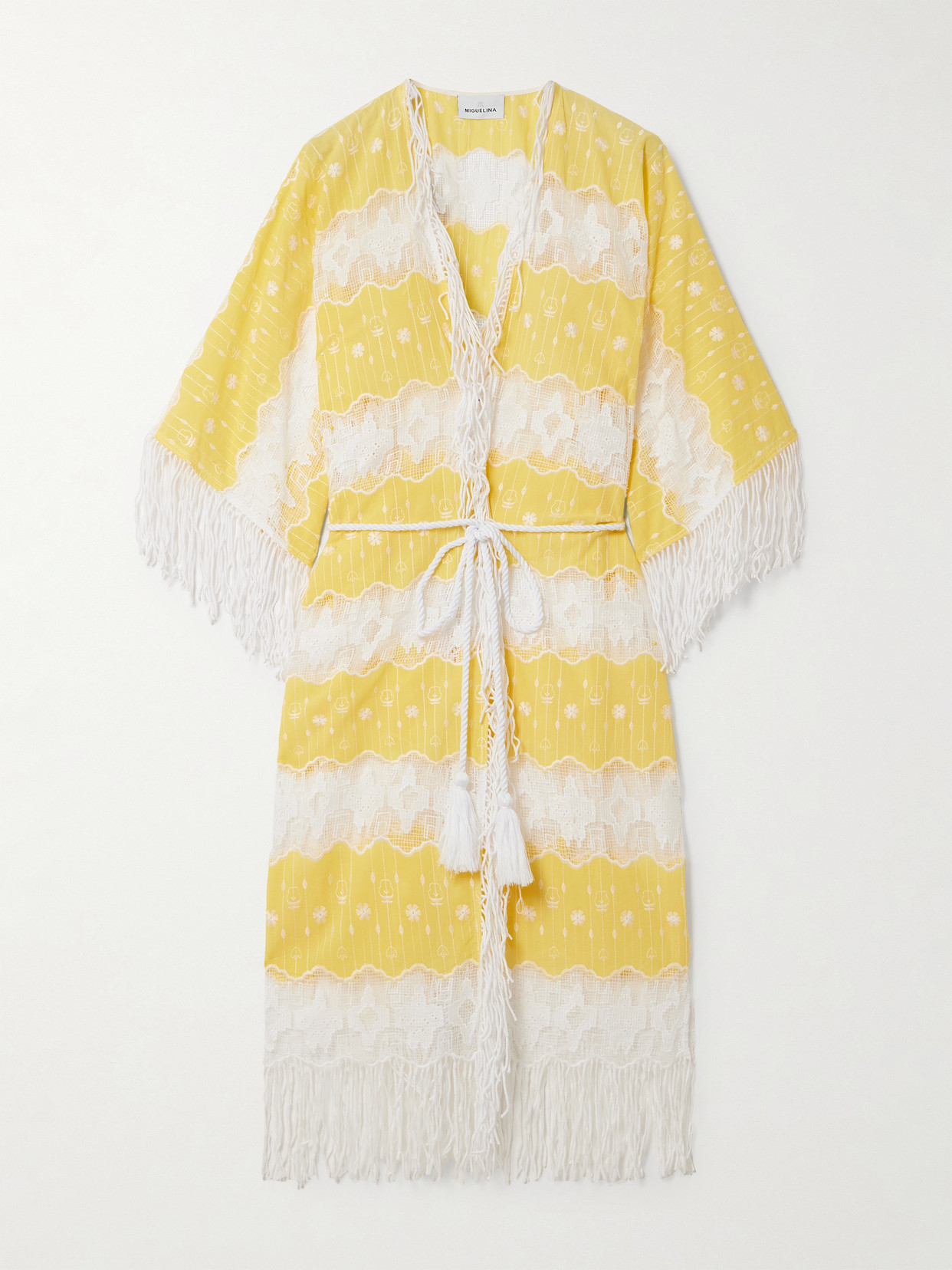 Miguelina Naida Belted Fringed Embroidered Cotton-voile And Lace Coverup In Yellow