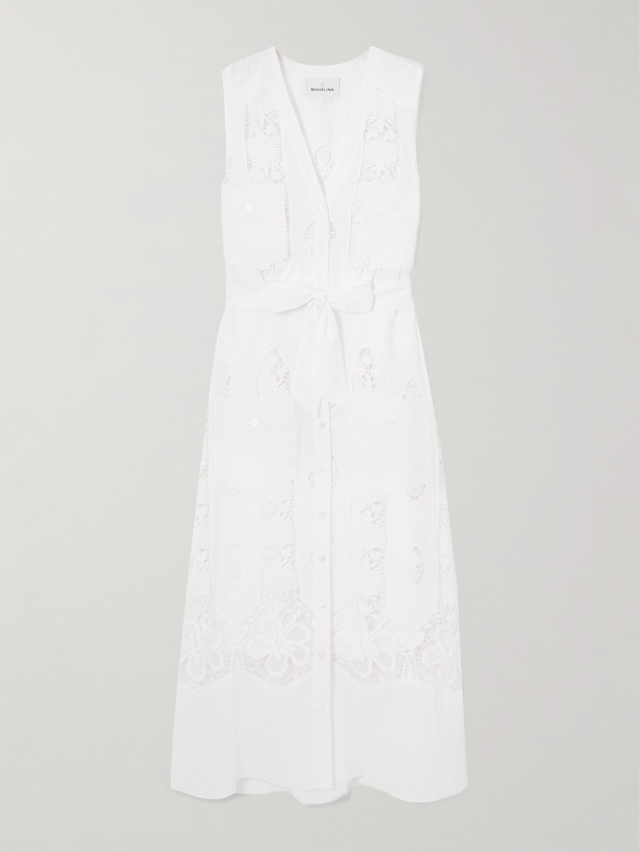 Miguelina Alexia Belted Embroidered Cotton-voile And Lace Midi Dress In White