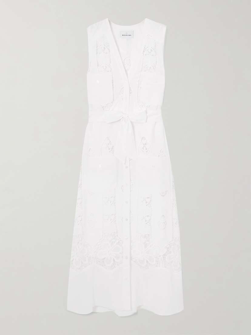 Miguelina Alexia Belted Embroidered Cotton-voile And Lace Midi Dress