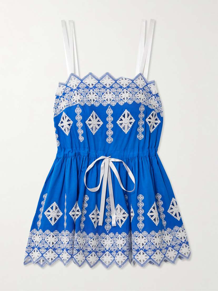 Miguelina Brielle Rhombus Scalloped Embroidered Poplin Mini Dress