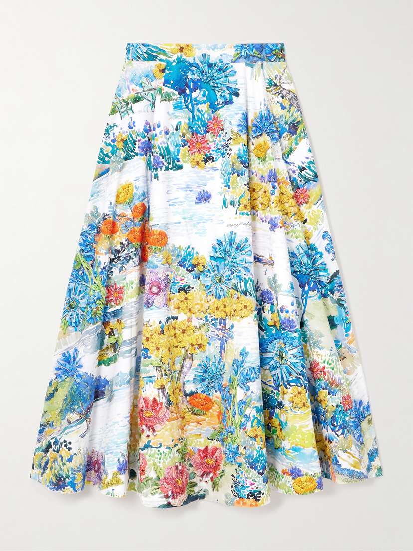 Mary Katrantzou Cadiot Pleated Floral-print Cotton-poplin Midi Skirt
