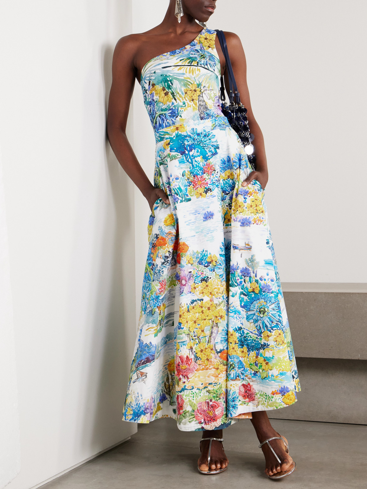 Mary Katrantzou Cadiot Pleated Floral-print Cotton-poplin Midi Skirt In Blue
