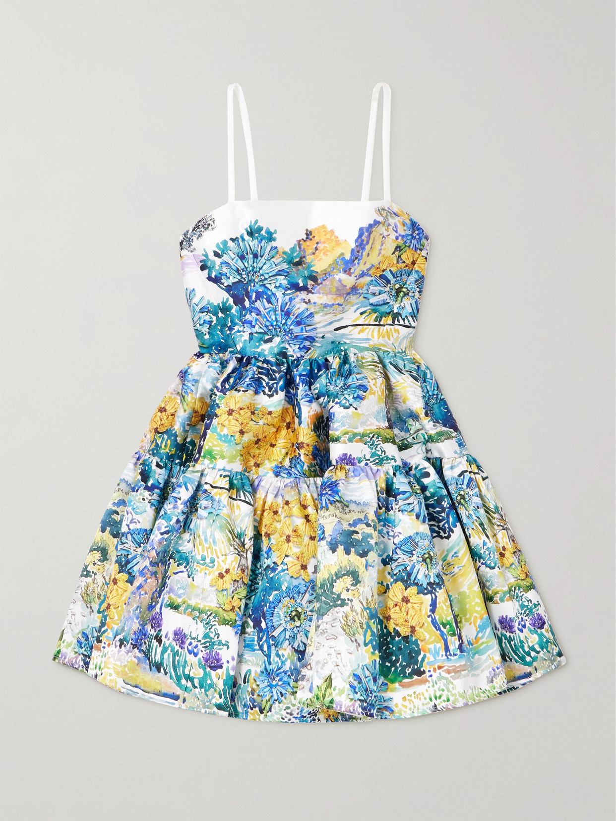 Mary Katrantzou Margot Tiered Floral-print Cotton-faille Mini Dress In Blue
