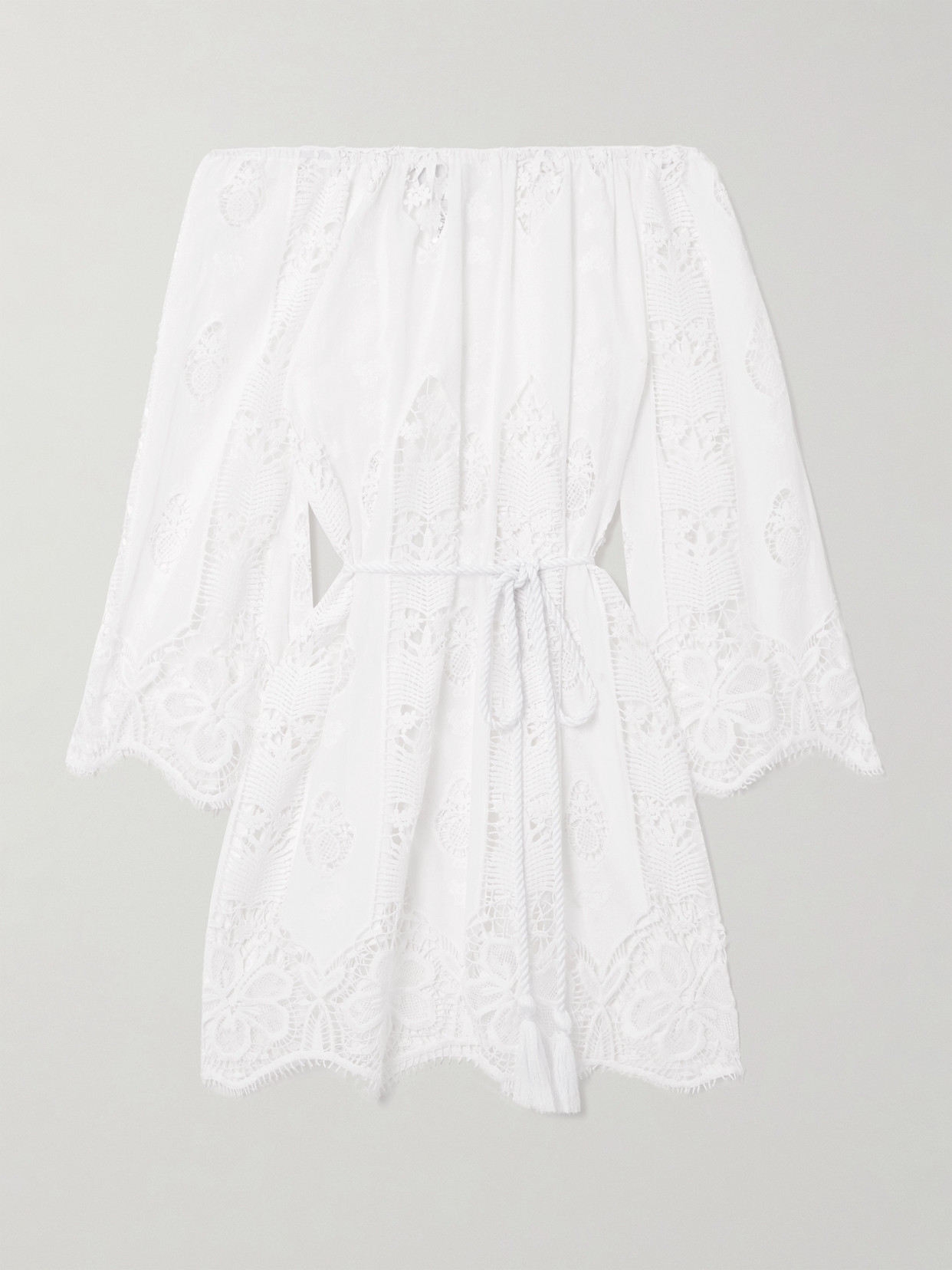 Miguelina Brigette Off-the Shoulder Belted Lace-trimmed Embroidered Cotton-voile Mini Dress In Gray