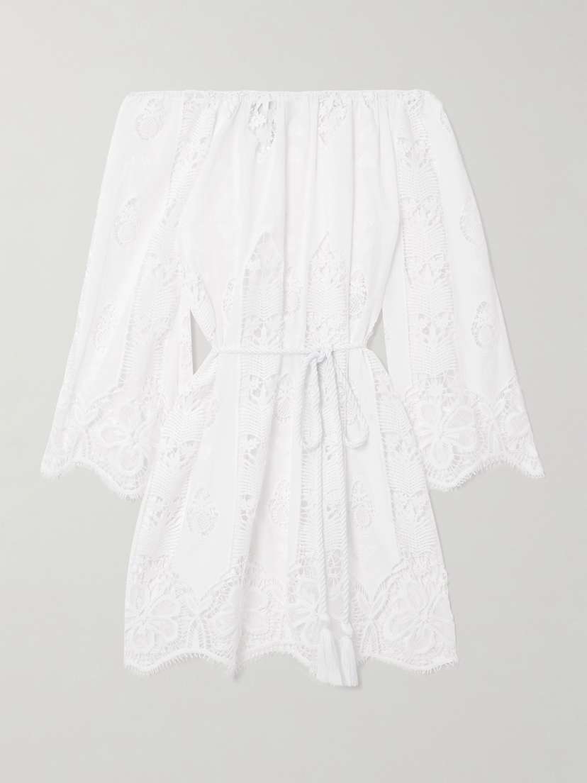 Miguelina Brigette Off-the Shoulder Belted Lace-trimmed Embroidered Cotton-voile Mini Dress