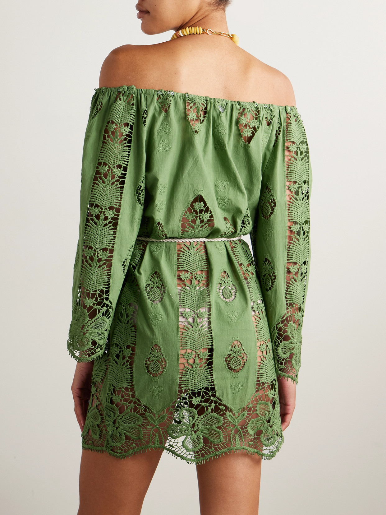 Miguelina Brigette Off-the Shoulder Belted Lace-trimmed Embroidered Cotton-voile Mini Dress In Green