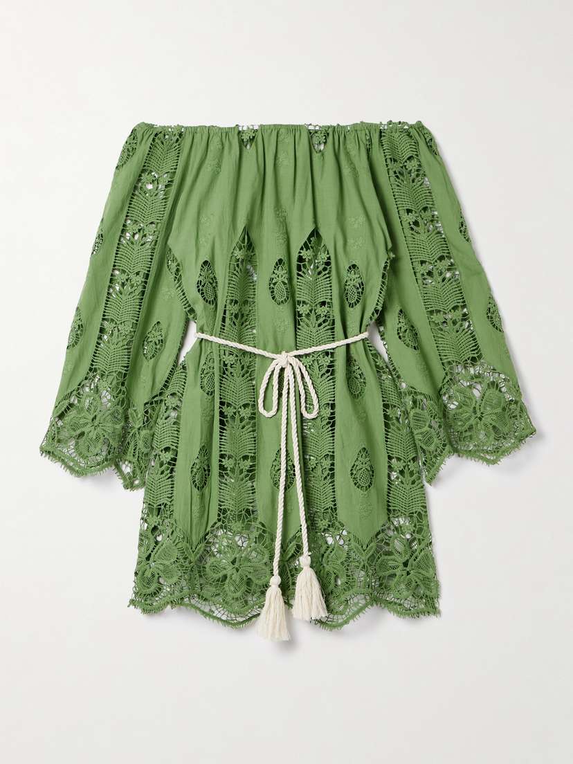 Miguelina Brigette Off-the Shoulder Belted Lace-trimmed Embroidered Cotton-voile Mini Dress