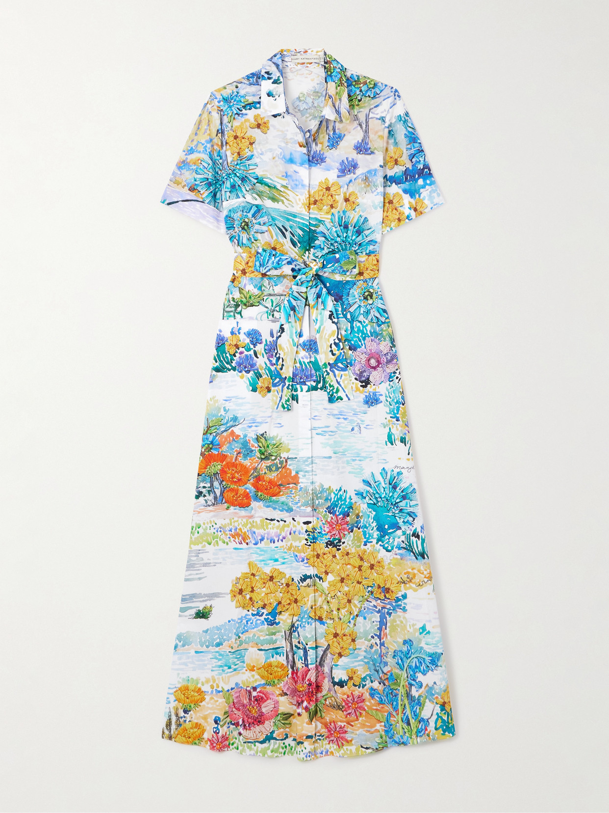 Mary Katrantzou Como Belted Cotton-poplin Maxi Dress In Blue