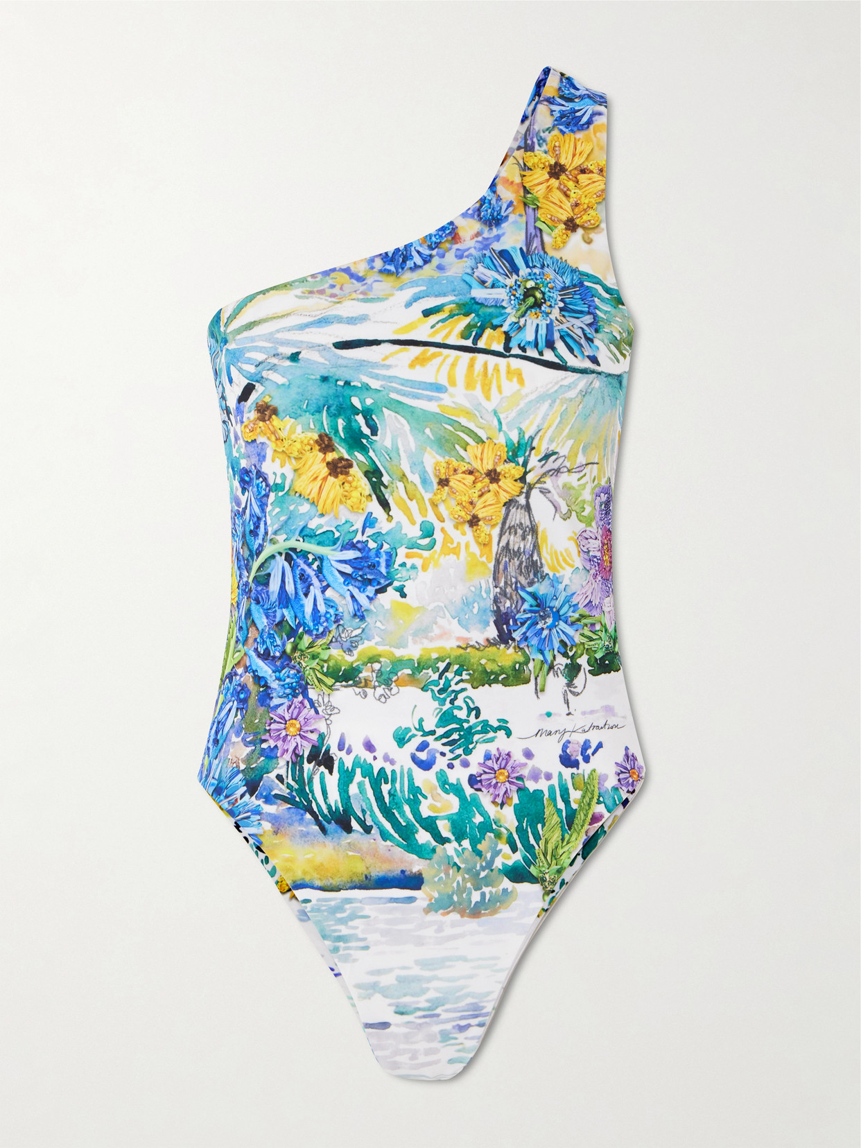 Mary Katranzou Nata One-shoulder Printed Swimsuit In Blue