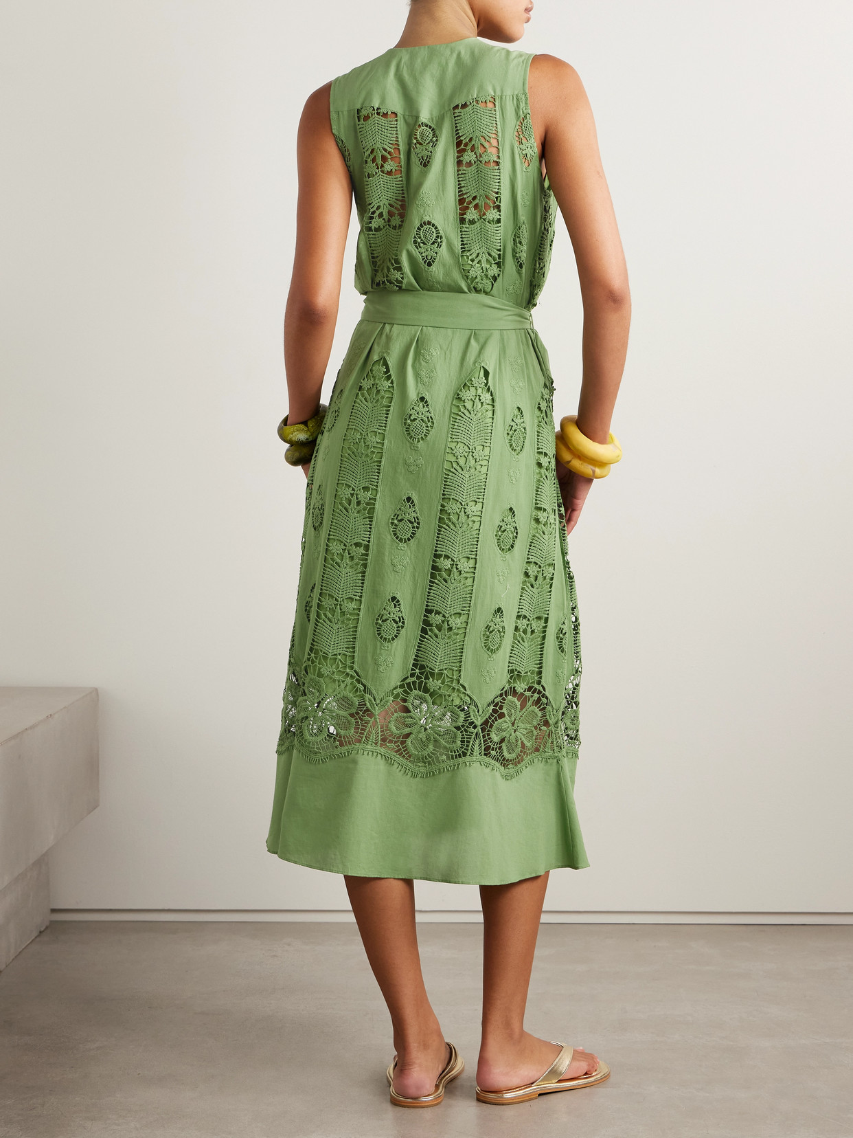 Miguelina Alexia Belted Embroidered Cotton-voile And Lace Midi Dress In Green