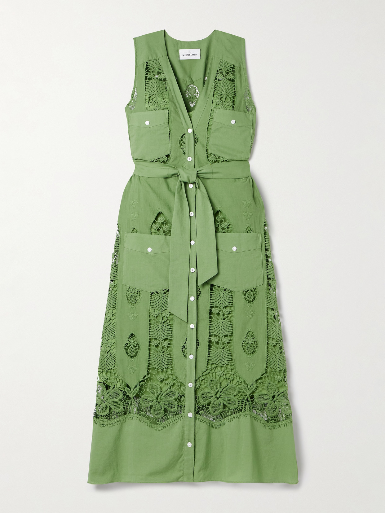 Miguelina Alexia Belted Embroidered Cotton-voile And Lace Midi Dress In Green