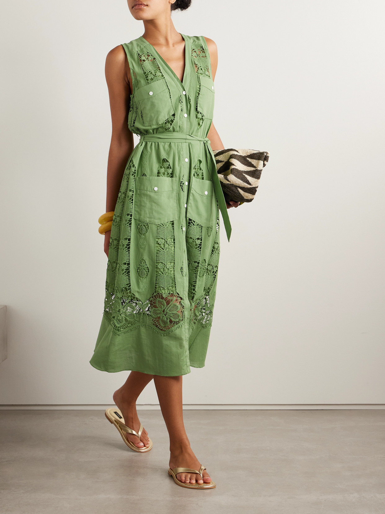 Miguelina Alexia Belted Embroidered Cotton-voile And Lace Midi Dress In Green