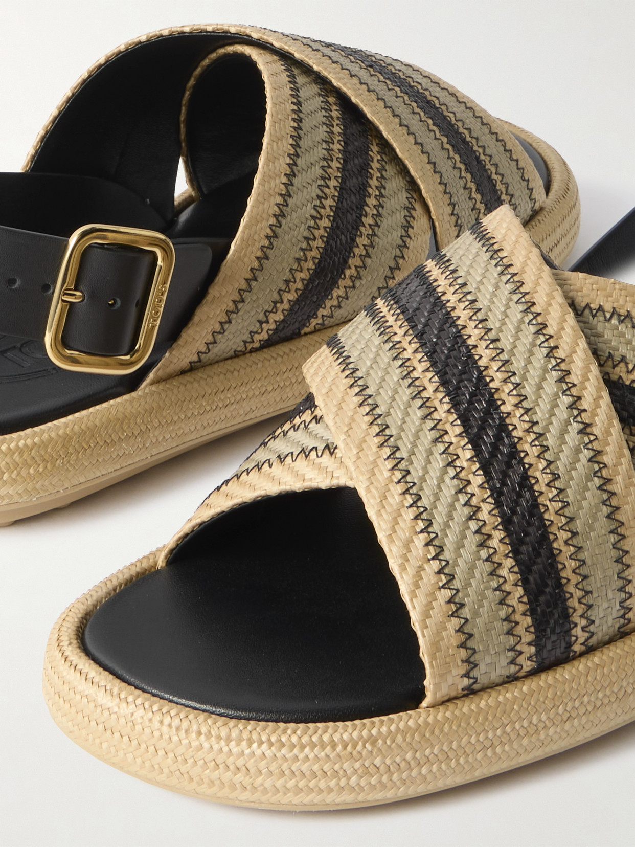 Shop Tod's Leather-trimmed Striped Raffia Sandals In Neutrals